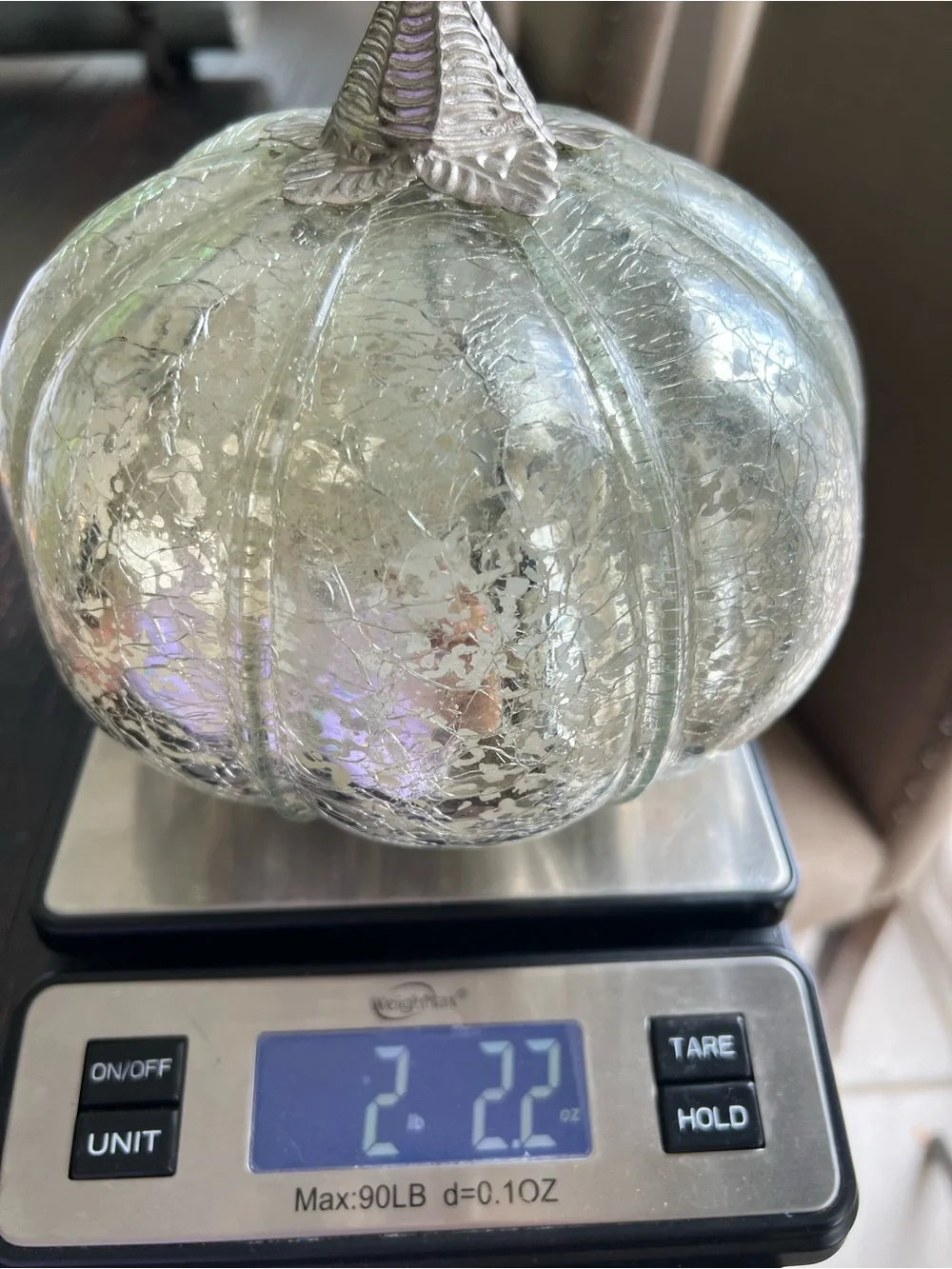 Mercury Crackle Glass Pumpkin Decoration, Silver Tone Metal Stem
